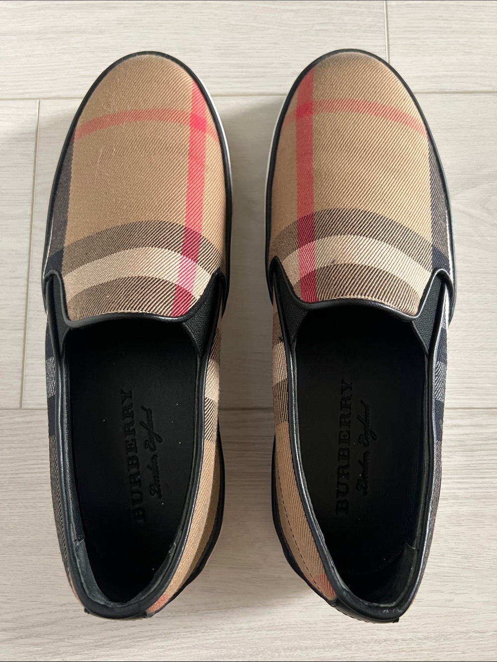 Burberry Beige Plaid Slip-On Loafers with Black Trim